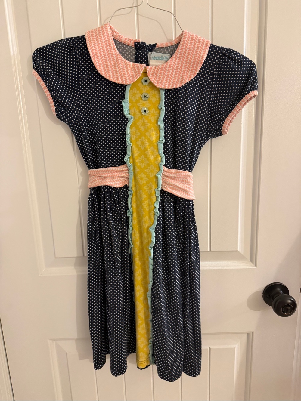 Serendipity Shrimp & Grits Girls Navy Polka Dot Dress w/ Pink & Yellow  Sz 9/10